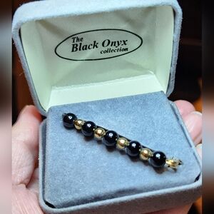 Vintage Elegant Black Onyx and Gold Toned Beaded Pin Brooch